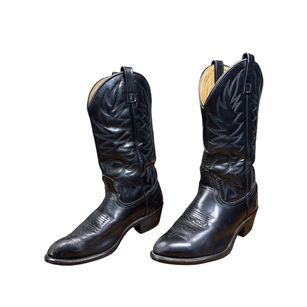Vintage 90s Union made Black Leather Cowboy Boot size 8.5 629-1 stitched